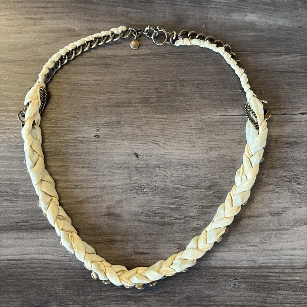 J. Crew Bronze Chain & Ivory Ribbon Necklace With Rhinestones